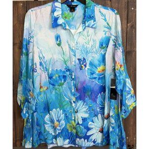 Ali Miles Womens 1X Blue Butterfly Floral Button Up Top NWT Tunic